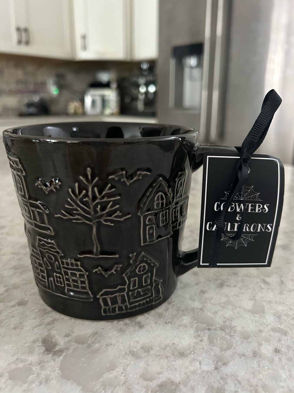 “New” Cobwebs & Cauldrons Halloween Embossed Ceramic Mug - Haunted Village